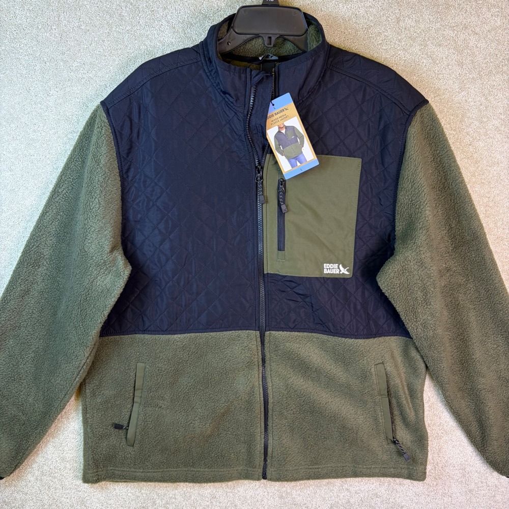 Eddie Bauer Mixed Media Fleece Jacket Mens Large Green Quilted Full Zip EB010876